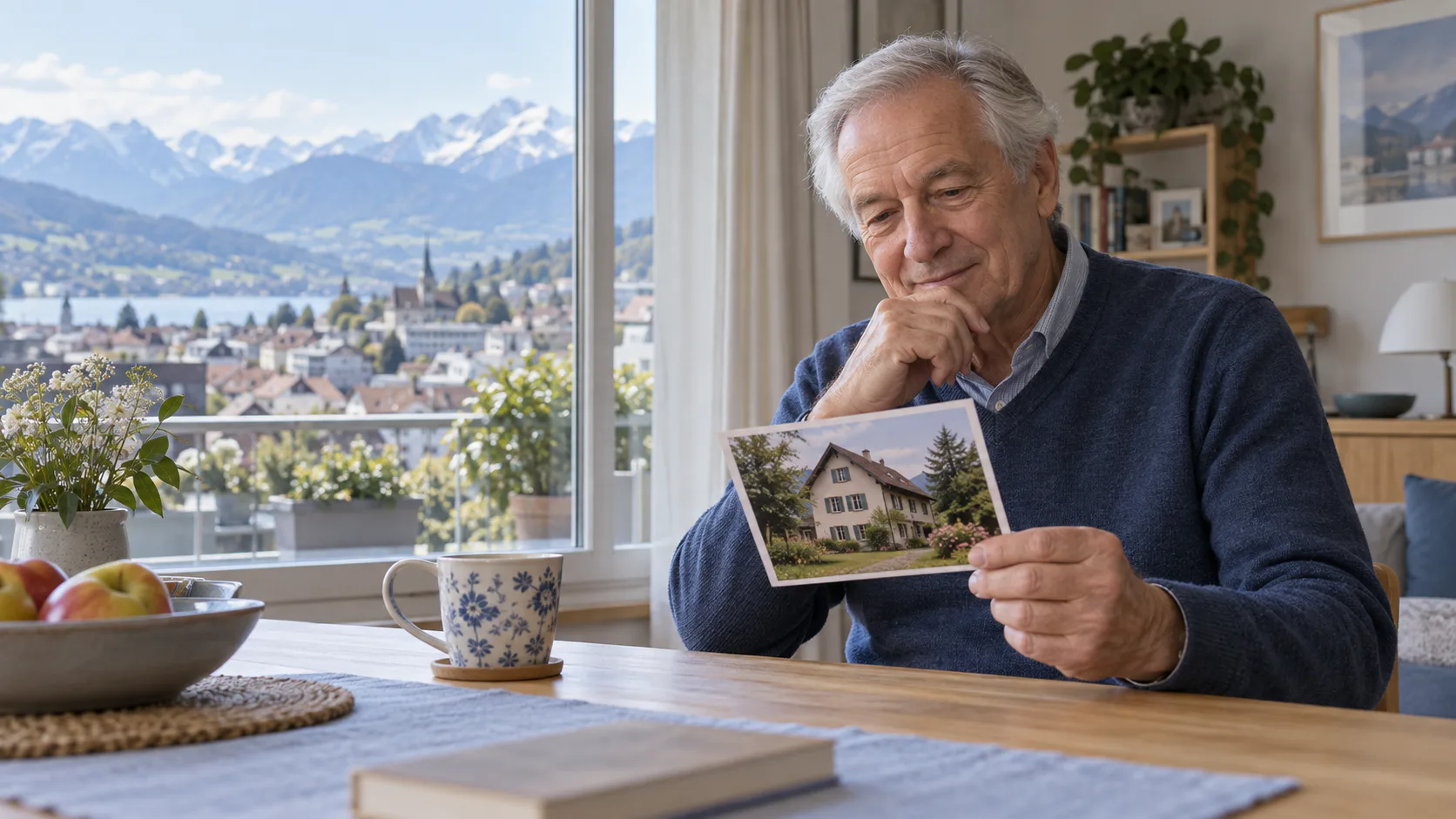 Pensionist in einer Schweizer Wohnung betrachtet ein Foto eines Hauses